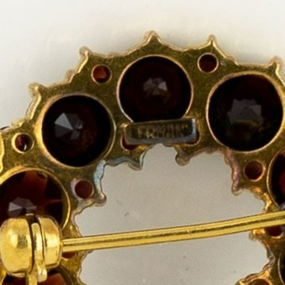 Vintage Genuine Garnet Brooch Gold Tone Circle Tested Dark Round Faceted Germany - Picture 6 of 8